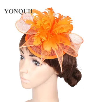 Oranžinė Sinamay Skrybėlės, Plunksnos Gėlių Fascinators Moterų Oficialią Šalies Skrybėlės, Vestuvių Plaukų Aksesuarai Moterims Kokteilis Skrybėlės XMF392