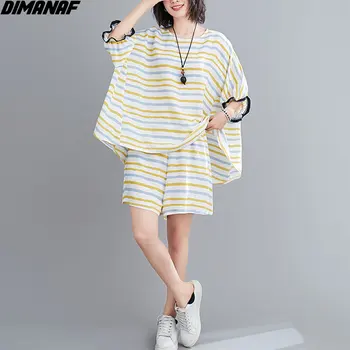 DIMANAF 2020 Plus Size Moterys Nustatyti Dryžuotas 2 lizdinė Panele O-Kaklo moteris tshirts Lino Prarasti Viršūnes Negabaritinių Naujas Pločio Kojų Kelnės