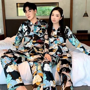 Šilko Pižama pora Prabanga pyjama Kostiumas Satino Sleepwear Nustatyti Pijama Mėgėjams Naktį Tiktų Vyrų ir Moterų Laisvalaikio Namuose Drabužiai, naktiniai drabužiai