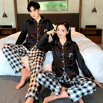 Šilko Pižama pora Prabanga pyjama Kostiumas Satino Sleepwear Nustatyti Pijama Mėgėjams Naktį Tiktų Vyrų ir Moterų Laisvalaikio Namuose Drabužiai, naktiniai drabužiai