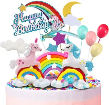 Vienaragis tortas topper, mergina vaiko gimtadienio tortas dekoravimo, debesys, vaivorykštė