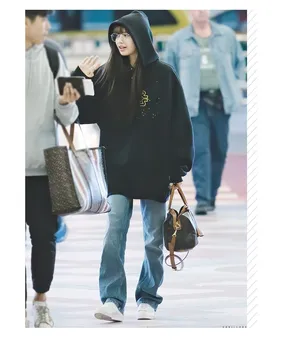 Korėjos Įžymybė juoda Laiškas Išspausdintas su Gobtuvu palaidinės Moterims Prarasti ilgomis Rankovėmis Hoodies streetwear atsitiktinis Puloveriai drabužiai