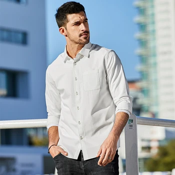 KUEGOU 2020 m. Rudenį Medvilnės Kišenėje Plain White Marškinėliai Vyrams Suknelė Mygtuką Atsitiktinis ilgomis Rankovėmis Slim Fit Vyrų Laisvalaikio Prekės Rūbai 6838