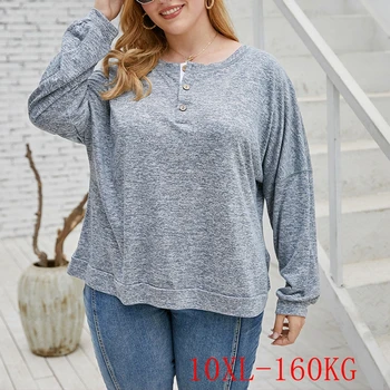 Rudenį plius dydis moterų marškinėliai 6XL-10XL krūtinė 168CM plius dydis moterų apvalios kaklo, ilgomis rankovėmis mygtuką paprastas atsitiktinis palaidų T-shirt