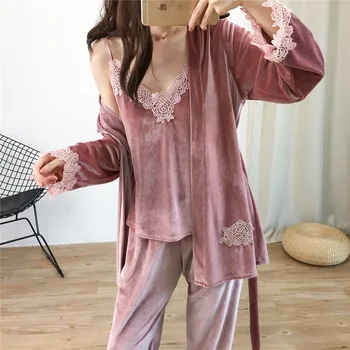 Moterų Veliūras Sleepwear 3pcs Pižama Nustatyti Seksualus V-kaklo Namų Drabužių Atsitiktinis naktiniai drabužiai Su Diržo moteriškas chalatas Aksomo, Nėrinių Miego Kostiumas