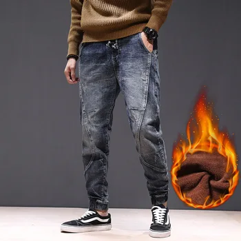 Mados Streetwear Vyrų Džinsai Palaidi Tinka Spliced Dizaineris Kankina Haremas Džinsai Krovinių Kelnės Elastingos Juosmens Hip-Hop Džinsai Vyrams Poilsiu