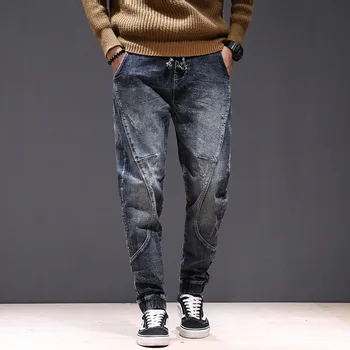 Mados Streetwear Vyrų Džinsai Palaidi Tinka Spliced Dizaineris Kankina Haremas Džinsai Krovinių Kelnės Elastingos Juosmens Hip-Hop Džinsai Vyrams Poilsiu