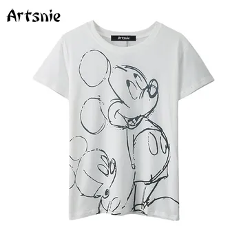 Artsnie disney mickey mouse animacinių filmų marškinėliai moterims vasarą, o kaklo trumpomis rankovėmis viršūnes femme streetwear balti laisvalaikio marškinėliai mujer