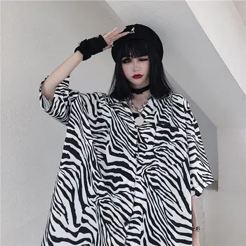 Zebras Spausdinti Gatvės Mados Marškinėliai Moterims Turn-žemyn Apykaklės Vintage Stiliaus moteriški Marškinėliai Trumpas Rankovėmis Palaidinės Harajuku Medžiaga Moteris