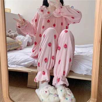 Japonijos Saldus Lolita Princess Pižama Nustatyti, Švelni Mergina Rudenį, Žiemą Koralų Vilnos Braškių Spausdinti Pižama 1set Sleepwear Pižamos