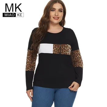 2020 m. Rudenį Moterys ilgomis rankovėmis Leopard skydelis T-shirt mados ponios Plius Dydis Moterų Topai