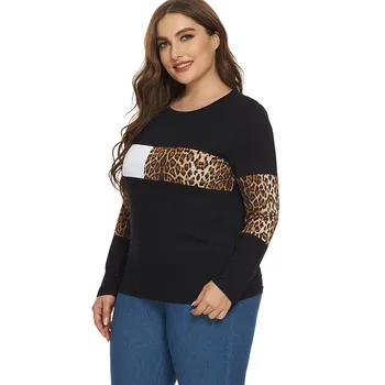 2020 m. Rudenį Moterys ilgomis rankovėmis Leopard skydelis T-shirt mados ponios Plius Dydis Moterų Topai