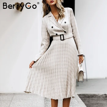 BerryGo Dvigubo breasted plisuotos suknelė moterims, Elegantiška linija varčias pledas švarkas moterų suknelės ilgomis rankovėmis office ponios vestidos