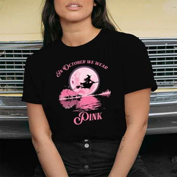 Spalio mėnesį Mes Dėvėti Rožinė Ragana Spausdinti Helovinas T-marškinėliai Moterims Estetinės Drabužius laisvos Moters Tshirts Mados, O Kaklo Harajuku Viršų