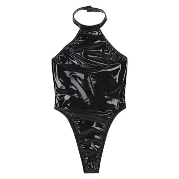 Moterų Wetlook Seksualus Klubas Catsuit maudymosi kostiumėlį, Lakinės Odos Apynasrio Backless Leotard Bodysuit Vakare Šalies Kostiumai Clubwear