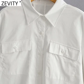 Zevity 2021 Naujas Moterų Mados Dvigubos Kišenės Pleistras Balta Smock Moteriška Palaidinė Atsitiktinis Palaidų Kimono Marškiniai, Elegantiškos Blusas Viršūnes LS7681