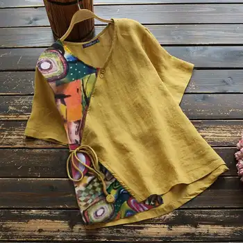 Vasaros Marškinėliai Plius Dydžio Tunika Viršūnes ZANZEA 2021 Elegantiškas Moterų Gėlių Palaidinė Atsitiktinis Atspausdinta Marškinėliai Moteriška O Kaklo Blusas Chemise