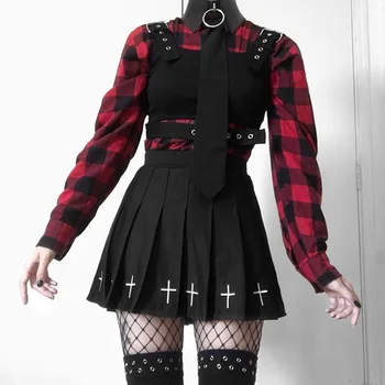 Aukštos Juosmens Mini Black Sijonai Gotikos Streetwear Kryžiaus Spausdinti Plisuotos Moterų Sijonai Atsitiktinis Kolegijos Lolita Harajuku Sijonas