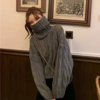 Rudenį ir žiemą, tingus vėjas laisvas megztinis golfo moteris studentų korėjos versija, gryna spalva laukinių apsidraudimo twist megztiniai megztinis