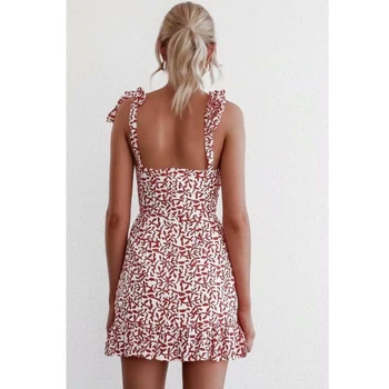 Elegantiškas vasaros spausdinti raudona suknelė aukšto juosmens elastinga raukiniai linijos, rankovių stebėjimo mini suknelė bloggers nauja siunta 2019