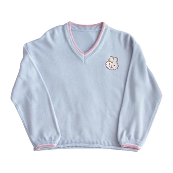 2019 Žiemos Cute Rabbit Blue Deep V-Kaklo, Megztiniai Megztinis Megztinis Saldus Moterų Korėjos Kawaii Ilgomis Rankovėmis, Minkšta Sesuo Šiltas Megztinis
