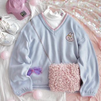 2019 Žiemos Cute Rabbit Blue Deep V-Kaklo, Megztiniai Megztinis Megztinis Saldus Moterų Korėjos Kawaii Ilgomis Rankovėmis, Minkšta Sesuo Šiltas Megztinis