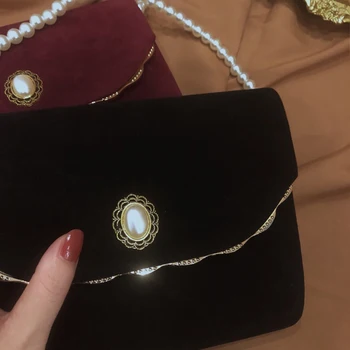 Luxy Mėnulis Aksomo Flap Bag Moterų Rankinės su Pearl Grandinės Juoda Elegantiška Pečių Maišą Vestuvių Sankabos Krepšys Šalies Rankinėje ZD1468
