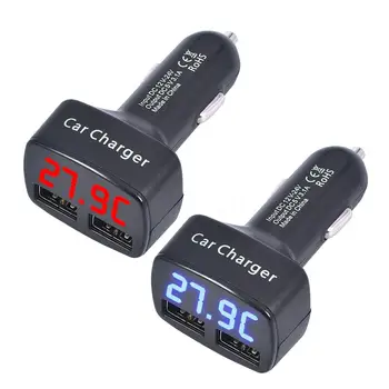 4 in 1 Dvigubas USB Automobilinis Kroviklis Skaitmeninis LED Ekranas, Universalus su Įtampa/temperatūros/Srovės Matuoklis Testeris Telefono įkroviklis Adapteris