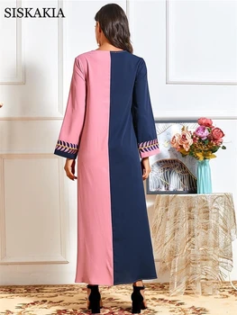 Siskakia Mados Kontrasto Spalvų Lapai Siuvinėjimo arabų Maxi Suknelė Moterims Rudenį 2020 V-Kaklo, ilgomis Rankovėmis Dubajaus Musulmonų Drabužiai