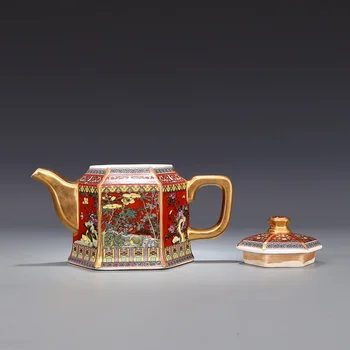 Jingdezhen Antikvariniai Qianlong Emalio Aukso Arbatinukas Su Rankena, Šešiakampis, Virdulys Su Gėlių Ir Paukščių Modelio Senovės Porceliano