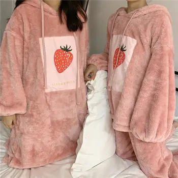 Žiemos Pajama Komplektai Moterų Gražių Koralų Aksomo Storesnės Minkštos Merginos Pijamas Atsitiktinis Palaidų Korėjos Populiarus Gobtuvu Ponios Sleepwear Ins