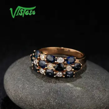 VISTOSO Aukso Žiedus Moterims, Originali 14K 585 Rose Aukso Žiedas Putojantis Deimantas Mėlyna Safyro Sužadėtuvių Metines Fine Jewelry