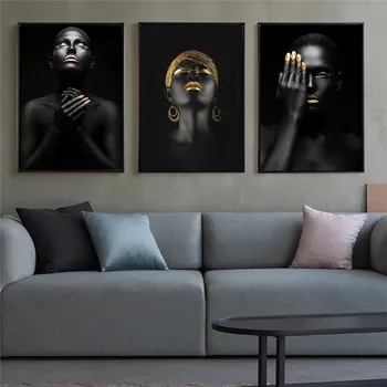 Sienos paveiksl Paveikslas, Tapyba Golden Black Moteris Drobė Spausdinti Plakatus ir nuotraukas Kambarį