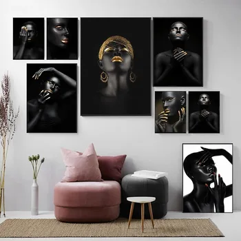 Sienos paveiksl Paveikslas, Tapyba Golden Black Moteris Drobė Spausdinti Plakatus ir nuotraukas Kambarį