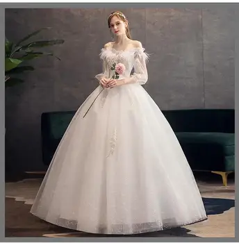 2021 Nauja Seksuali Valtis Kaklo, Ilgomis Rankovėmis Vestuvių Suknelė Elegantiškas Nuo Peties Siuvinėjimo Nėrinių Paprasta Nuotakos Suknelė Chalatas De Mariee