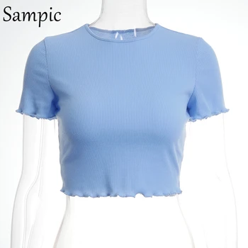 Sampic mados marškinėliai atsitiktinis komplektus o kaklo megzti vasaros paplūdimio pasėlių viršuje moterų mėlyna basic vest camis tankų 2020 m.