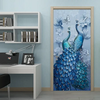 Europos Stiliaus Durų Lipdukas 3D Reljefo Blue Peacock Tapetai Modernios Naftos Tapyba Sienų Lipdukai Kambarį PVC Namų Durų Lipdukai