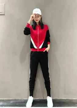 Moterų kostiumas 2020 m. rudens ir žiemos modeliai, mados lieknėjimo užtrauktuką siūlės dviejų spalvų megztinių atsitiktinis sporto dviejų dalių