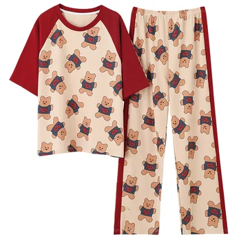 Pavasario Plius Dydis Įgulos Kaklo Pjs Moterų Homesuit Homeclothes Mados Stiliaus Pižama Nustatyti Animacinių filmų Spausdinimo Sleepwear Pižama Moterims