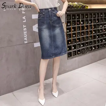SparkDora Plius Dydžio Elegantiškas Kelio Ilgis Moterų Džinsus, Pieštuku Sijonas Pocket 2020 Streetwear Džinsinio Midi Sijonas Femme Saias Jean
