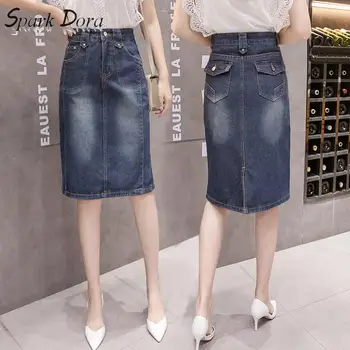 SparkDora Plius Dydžio Elegantiškas Kelio Ilgis Moterų Džinsus, Pieštuku Sijonas Pocket 2020 Streetwear Džinsinio Midi Sijonas Femme Saias Jean