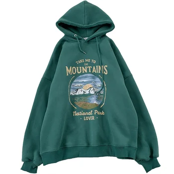 Kalnų Laišką Atspausdintas Žalios spalvos Hoodies Prarasti Storas Fleece Šilti Visų rungtynių Gobtuvu Palaidinukė Rudenį Viršūnės