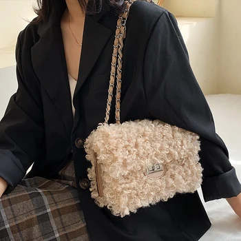 2019 Žiemos Mados Naujų Aikštėje Crossbody maišelį Aukštos kokybės Minkštas Pliušinis Moterų Dizaineris Rankinės Užraktas Grandinės Petį Krepšys