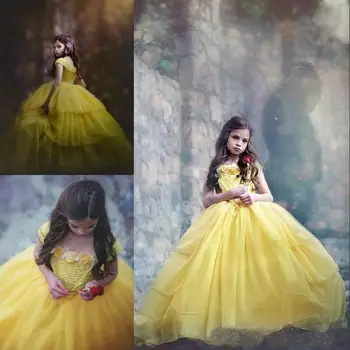 Geltona Princesė Gėlių mergaičių Suknelės Rankovių 3D Gėlių Appliques Šifono Inscenizacija Chalatai Vaikų Pirmosios Komunijos Suknelė