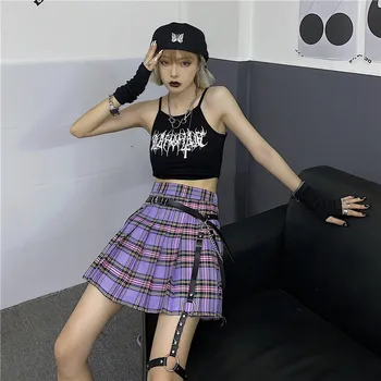 GOTH GIRL Harajuku Streetwear Sijonas Moterims Punk Fahsion Aukšto Juosmens-line Klostuotas Sijonas Violetinė Pledas Sijonas Femme Negali Būti Diržas
