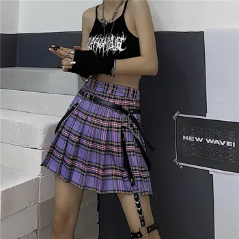 GOTH GIRL Harajuku Streetwear Sijonas Moterims Punk Fahsion Aukšto Juosmens-line Klostuotas Sijonas Violetinė Pledas Sijonas Femme Negali Būti Diržas
