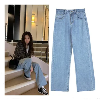 Kpop Seo Taip Ji IU Lee Ji Eun streetwear didelis juosmens Mėlyna tiesūs džinsai moteriška korėjos laukinių atsitiktinis laisvi džinsai moterims, drabužiai