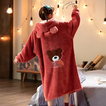 Namų paslauga animacinių filmų naktį suknelę žiemos flanelė chalatą su gobtuvu storio ilgomis rankovėmis pižamą kimono korėjos mielas chalatas, naktiniai drabužiai