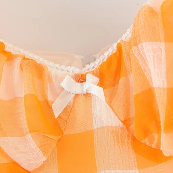 Retro Orange Patikrinti, Dryžuotas Medvilnės Audinys Pledas Spausdinti Kamuolys Suknelė Suknelė Sluoksniuotos Rankovėmis Vasarą Moterys Backless Ilgą Šifono Suknelės Pasakų Vestidos
