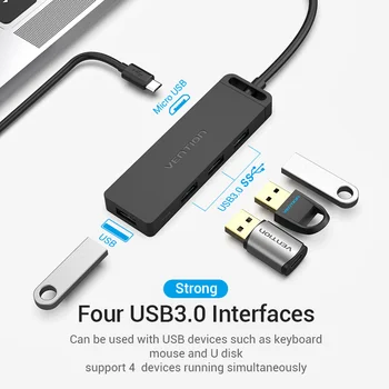 Paj USB C 3.1 HUB USB-C su USB 3.0 Jungiklio 4 Port Micro USB Įkrovimo lizdas 